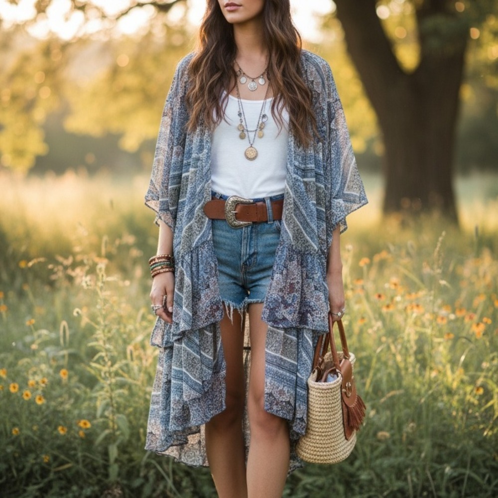 Boho Kimono Duster Ruffle Trim Open Front Blue Paisley Print Cover Up